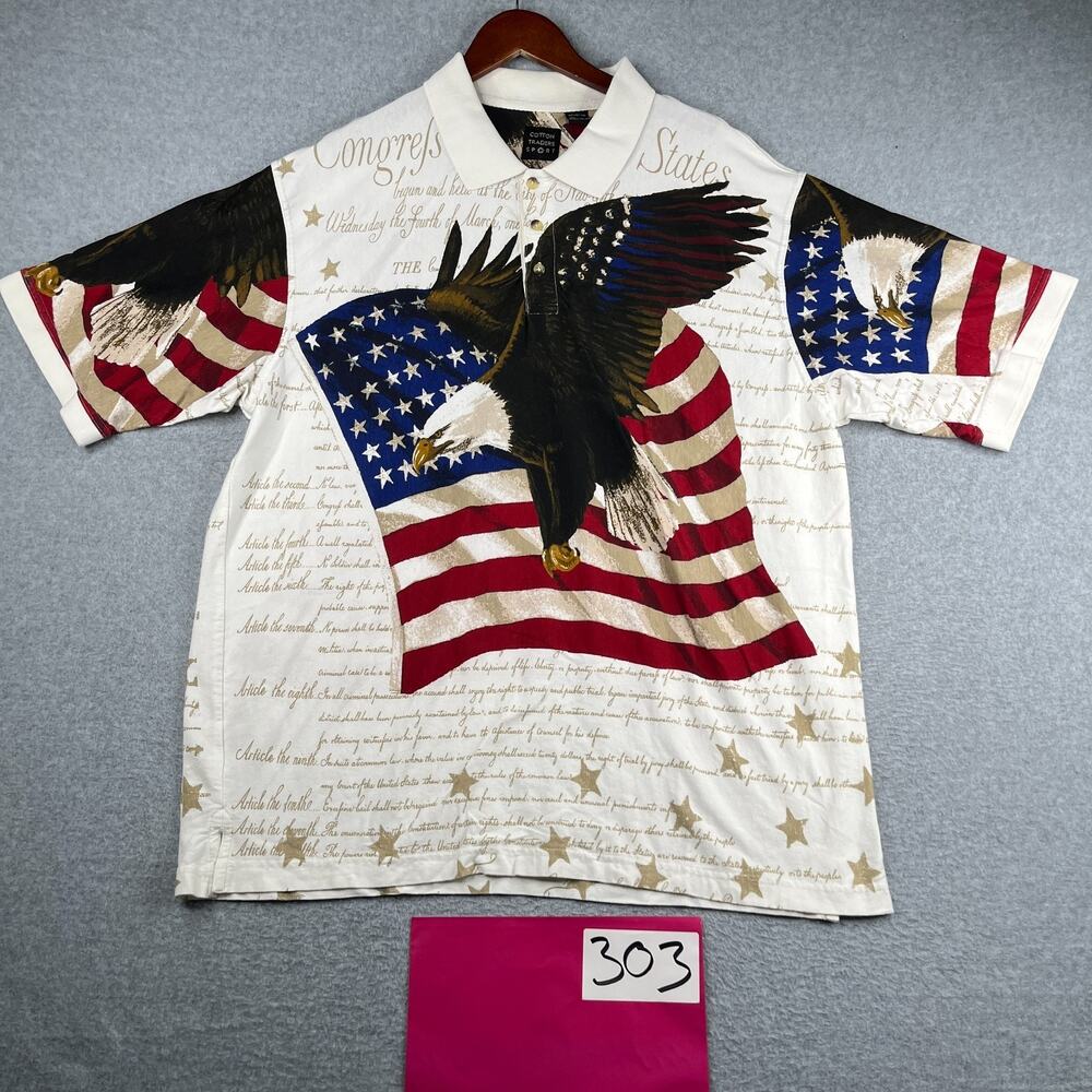 USA Flag Bald Eagle Graphic Print Polo Shirt Mens 2XL Cotton Traders Sport